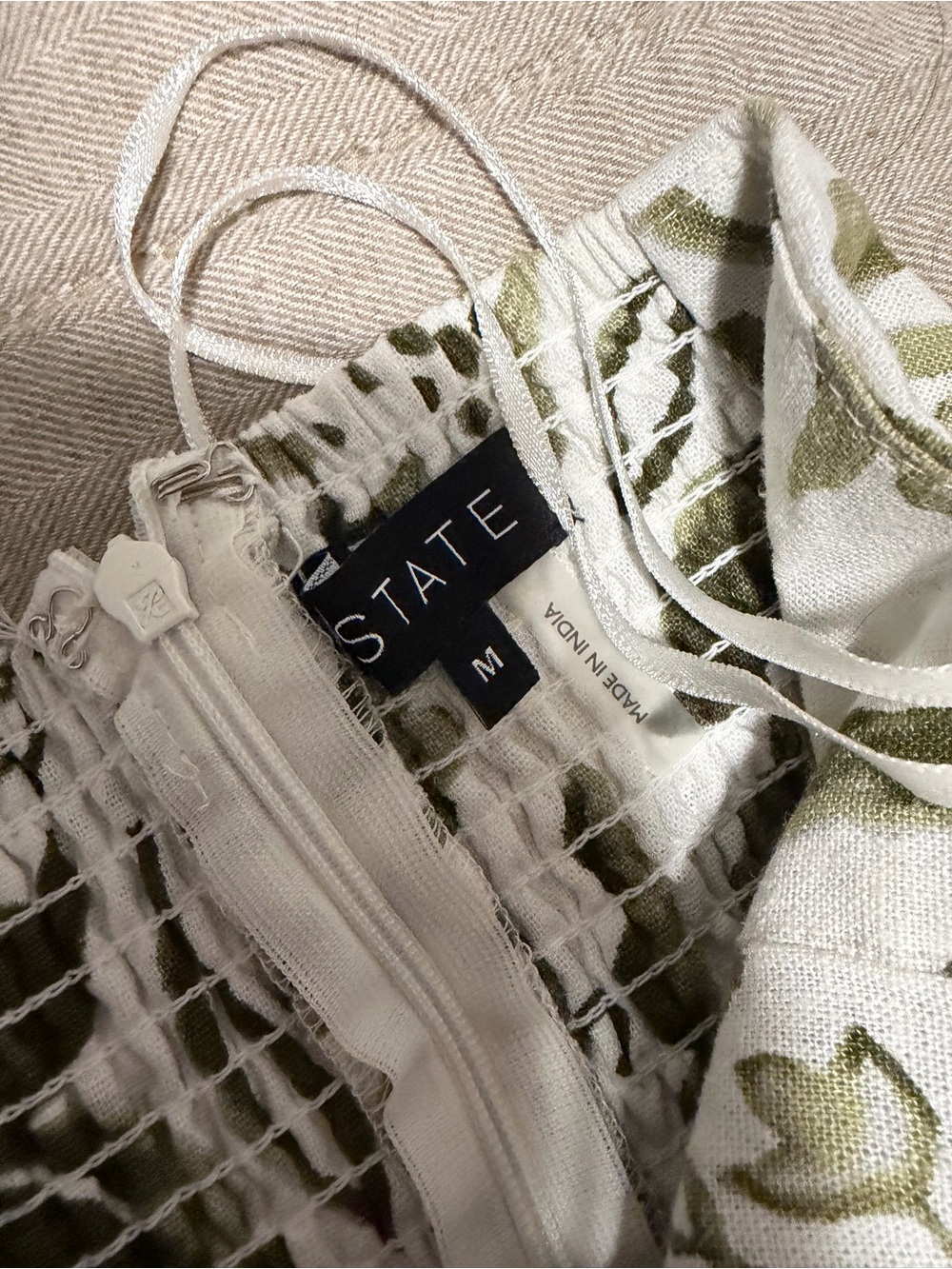 STATE White Dress with Olive Floral Smocking - Picture 2 of 2